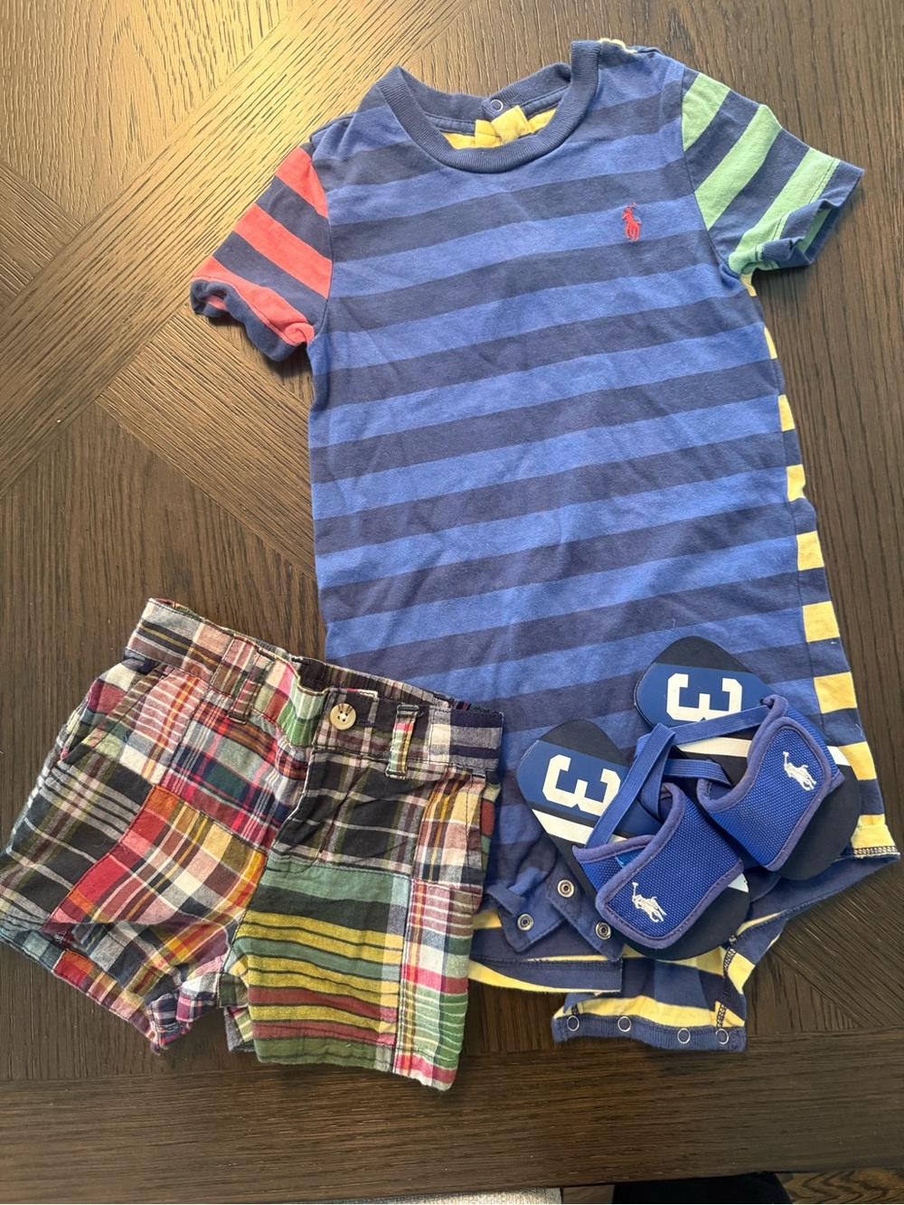 Ralph Lauren Blue Striped Polo Bodysuit with  Shorts Bundle 9 month Shoe sz 3